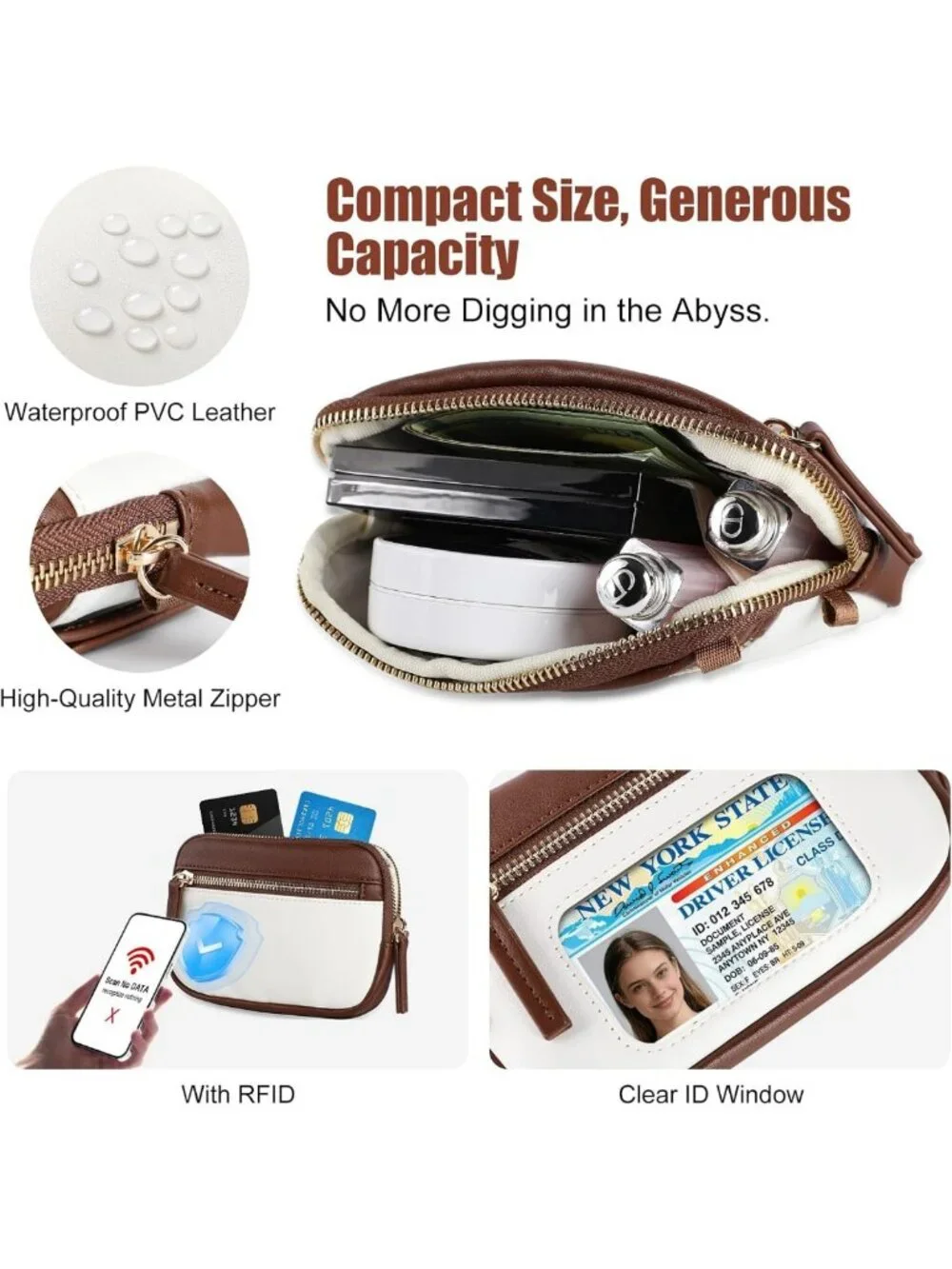 Adjustable Phone Lanyard with Leather Wallet, RFID Wristlet & 2 Straps - Coffee